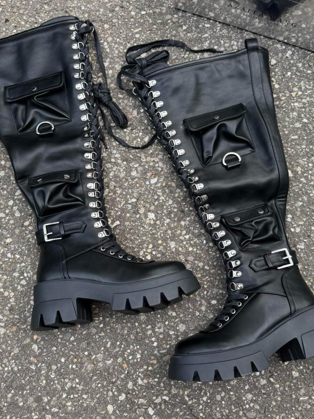 Black Lace-Up Platform Combat Boots with Pockets - Women